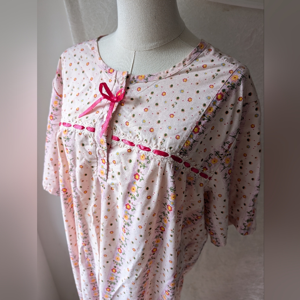 Vtg Night Gown Light Pink Floral Short Sleeve Long XL